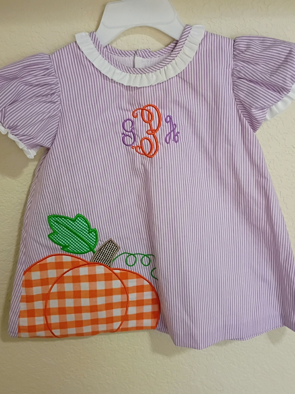 Girls Lavender Striped Pumpkin Applique Dress with Monogram